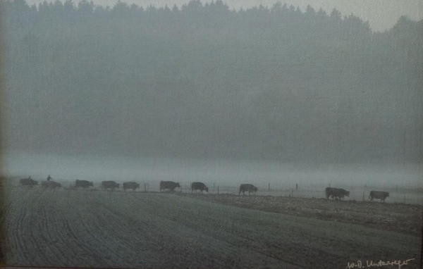 Viehtrieb im Nebel